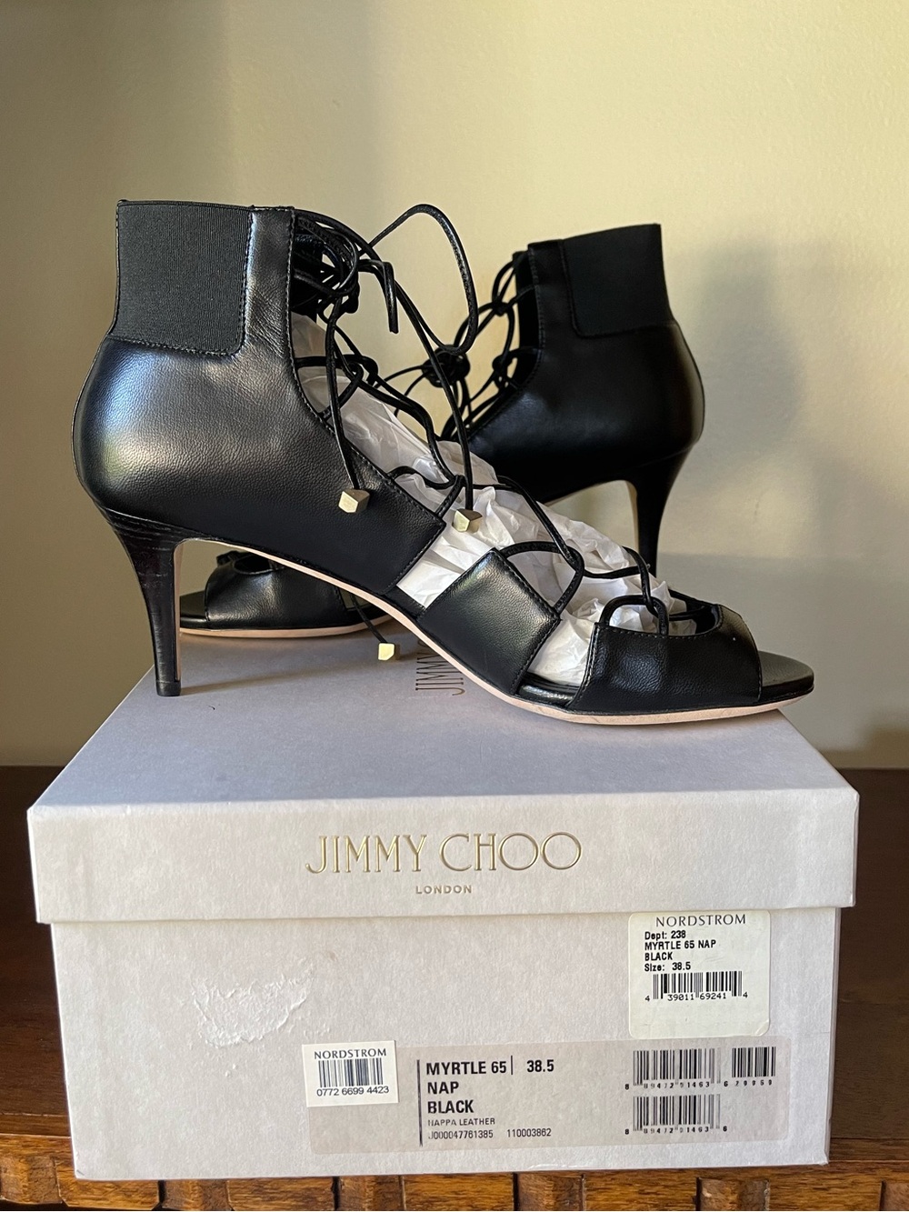 Jimmy Choo Myrtle 65 Black Leather Gladiator Lace-Up Heels 38.5